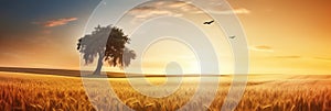 Golden wheat flying panorama with tree at sunset countyside