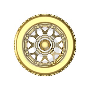 Golden wheel with tire. Golden wheel. 3D Illustration.