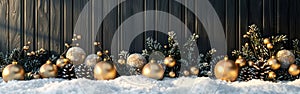 Golden and White Christmas Baubles with Pine Branches and Snow on Black Wooden Wall - Festive Holiday Banner