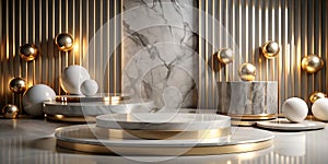 Golden-white marble podium background 3D , luxury gold pedestal presentation, ve photo