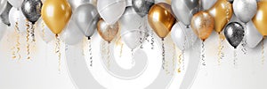 Golden, white and silver gray glitter balloons and confetti on white background. Birthday, holiday or party background. Empty