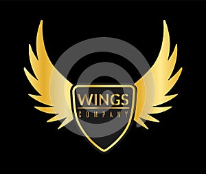 Golden wing logo. Eagle or angel flying wings with gold shield, sport or business success awards, shiny luxury