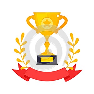 Golden winner award trophy goblet cup, wreath, stars and ribbon cup icon sign flat style design vector illustration.