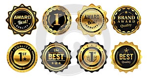 Golden winner badges. Retro gold quality stamp, exclusive circle badge and heraldic award vector illustration set