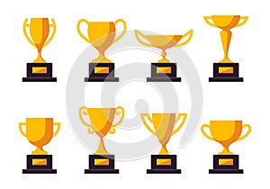 Golden winner cup icon set. Champion trophy symbol collection, sport award sign. Winner prize, champions celebration