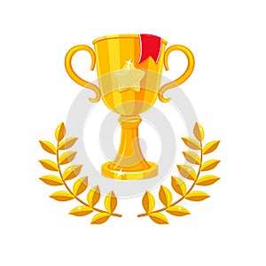 Golden winner's cup with laurel wreath. First place award. Symbol of award ceremony. photo