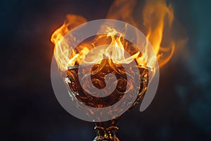Golden winner trophy surrounded by flames and light