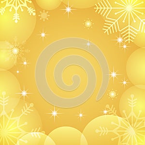 Golden winter background. Elegant gold xmas greeting card. Luxury winter holidays design with bokeh, transparent snowflakes, bubbl