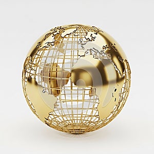 Golden Wireframe Globe with Continents on a White Background world earth