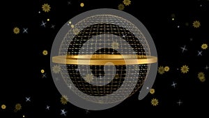 Golden wireframe shpere with rotating ring and moving stars on a black background . Intro or outro computer 3d animation