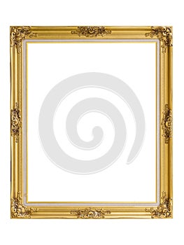 Golden wooden Empty picture frame isolated on white background designed for interior decoration