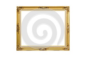 Golden wooden Empty picture frame isolated on white background designed for interior decoration