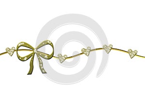 Golden wreath with gift bow and glossy hearts