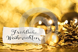 Golden christmas background, label with german Text