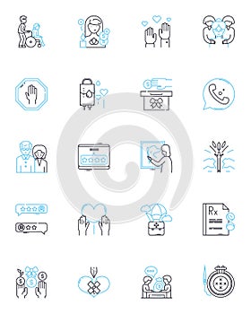 Golden years linear icons set. etirement, Elderly, Aging, Wisdom, Memories, Reflection, Relaxation line vector and