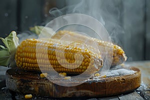 golden yellow boiled ears of corn Strong light falls on her from behind, creating a dramatic effect steam rises over the