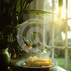 golden yellow boiled ears of corn Strong light falls on her from behind, creating a dramatic effect. zurna corns fly in