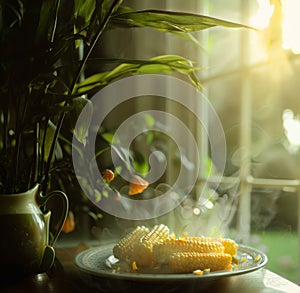 golden yellow boiled ears of corn Strong light falls on her from behind, creating a dramatic effect. zurna corns fly in