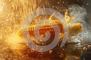 golden yellow boiled ears of corn Strong light falls on her from behind, creating a dramatic effect. zurna corns fly in