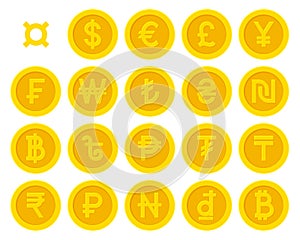 Golden yellow coins with currency symbols set