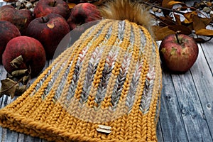 Golden Yellow and Green Bi-color Brioche Handknit winter hat close up