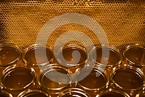 Golden yellow honey in glass jar on wooden board Closeup Copy space comp frame empty textspace