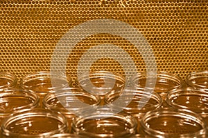 Golden yellow honey in glass jar on wooden board Closeup Copy space comp frame empty textspace