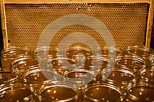 Golden yellow honey in glass jar on wooden board Closeup Copy space comp frame empty textspace