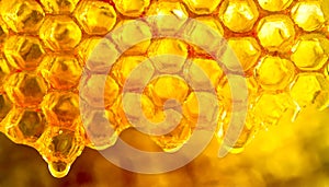 Golden yellow honeycomb with fresh honey dripping from it