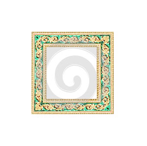 Golden yellow picture frame decorative on green glass with carving patterns isolated on white background , clipping path