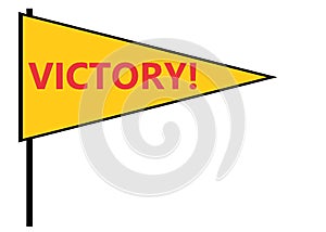 A golden yellow triangular flag with the word victory white backdrop