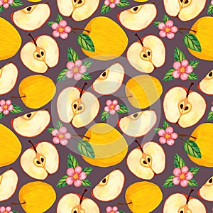 Golden yellow watercolor pattern with apples and blooming branch