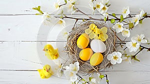 Golden, yellow, white eggs in a bird's nest, cherry blossom branches. Generative Ai