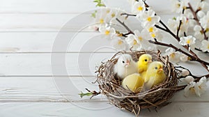 Golden, yellow, white eggs in a bird's nest, cherry blossom branches . Generative Ai