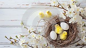 Golden, yellow, white eggs in a bird's nest, cherry blossom branches . Generative Ai