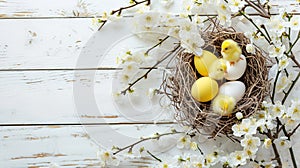 Golden, yellow, white eggs in a bird's nest, cherry blossom branches . Generative Ai