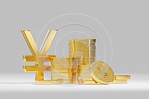 Golden yuan or yen currency sign. Yen or yuan gold coins. grey background. Rise in profits, budget fees. Investments. Raise