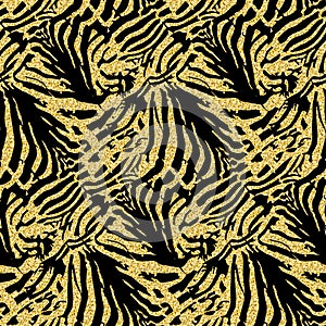 Golden zebra skin, animalistic seamless pattern black gold shimmer shiny zebrano background