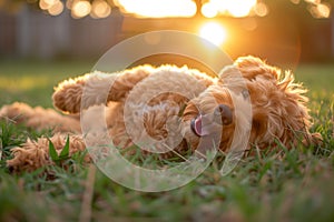 A goldendoodle laying in the grass at sunset.