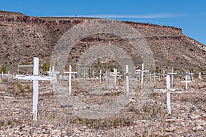 Old white crosses on Historic Cemetery Goldfield, NV, USA
