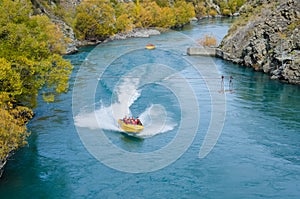 Goldfields jet ride on the Kawarau River to Goldfields Mining Centre in Kawarau Gorge,south island of New Zealand.