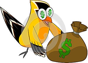 Goldfinch Bird Cartoon Character With Money Bag