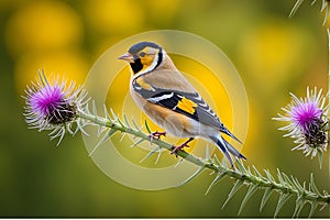 Goldfinch Perched on a Thistle - Vibrant Feathers Sharply in Focus Amidst a Highly Detailed Nature Scene