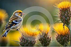 Goldfinch Perched on a Thistle - Vibrant Feathers Sharply in Focus Amidst a Highly Detailed Nature Scene photo