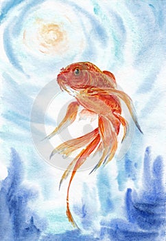 Goldfish as a symbol of good luck and wealth. Hand drawn watercolors on paper texture. Bitmap