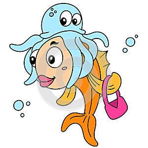 Goldfish befriend jellyfish, doodle kawaii. doodle icon image photo