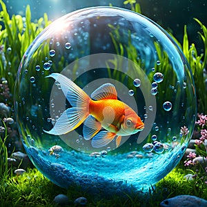 Goldfish in a blue glass water bubble