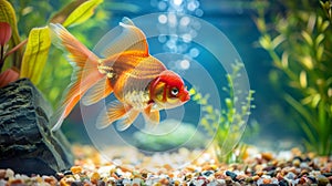 A goldfish breathes in an aquarium