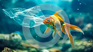 Goldfish encounters plastic bag underwater