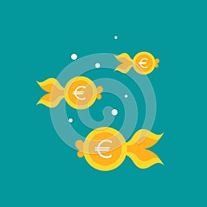 Goldfish. Euro coin as golden fish. Flat icon isolated on blue background
